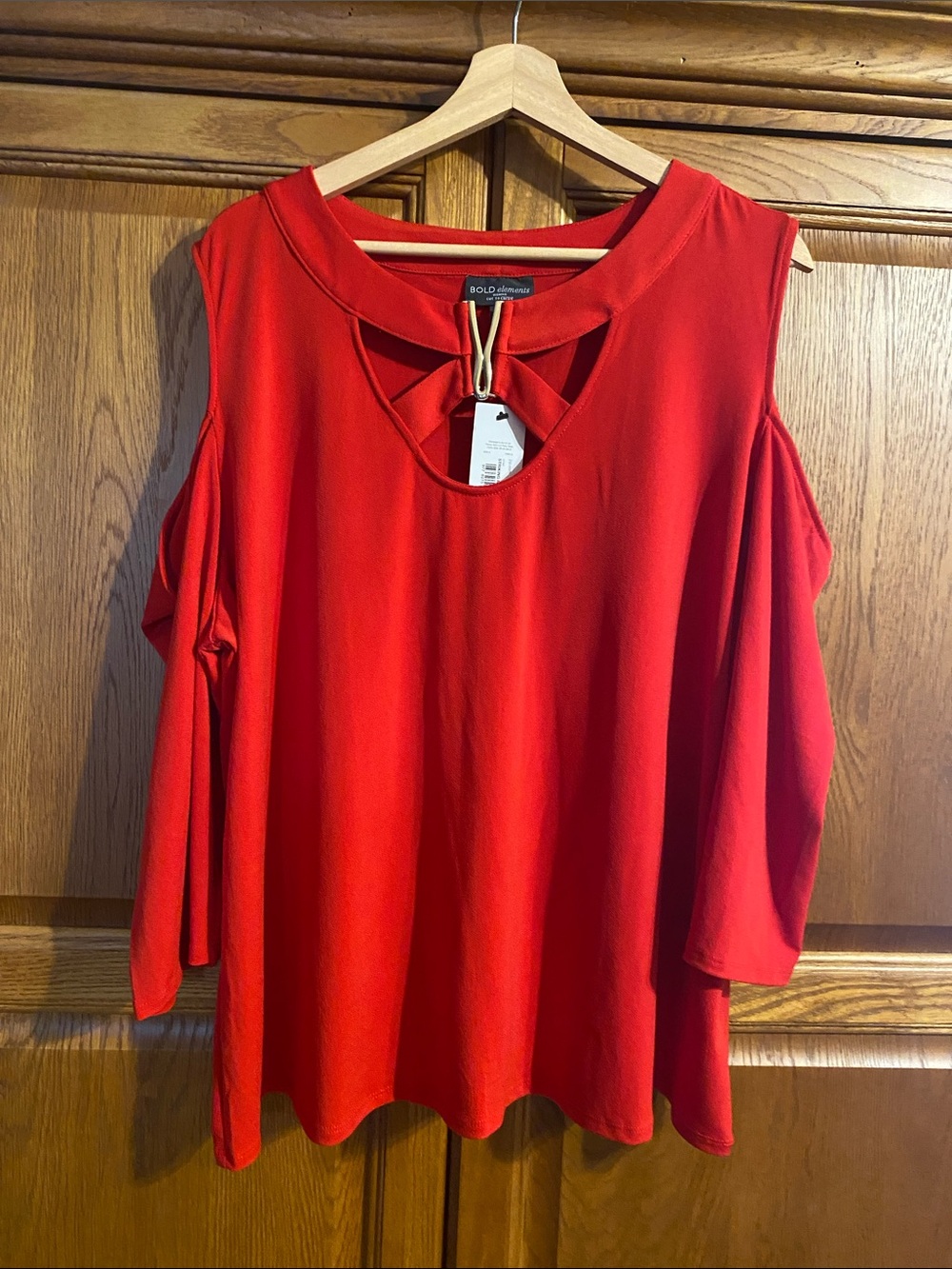 BOLD elements Red Cold-Shoulder Keyhole Blouse